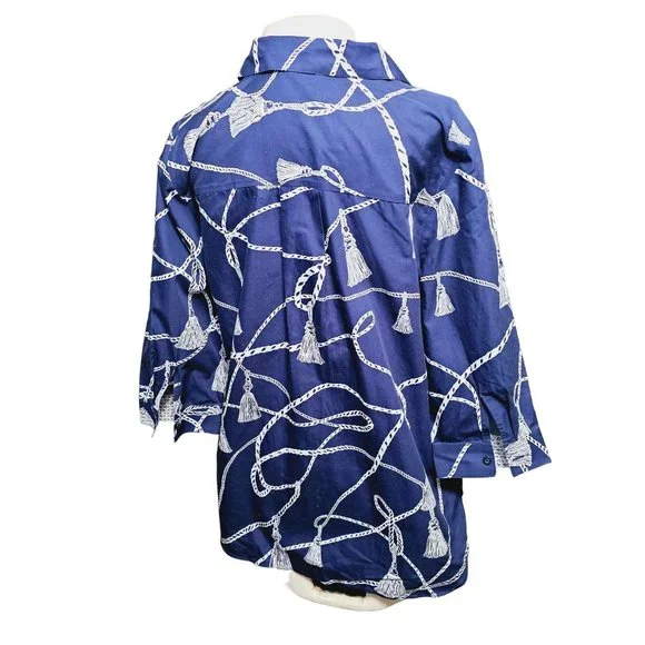 Chico's Button Down blouse size 12 nautical print quarter‎ sleeve flip cuff - Picture 3 of 11